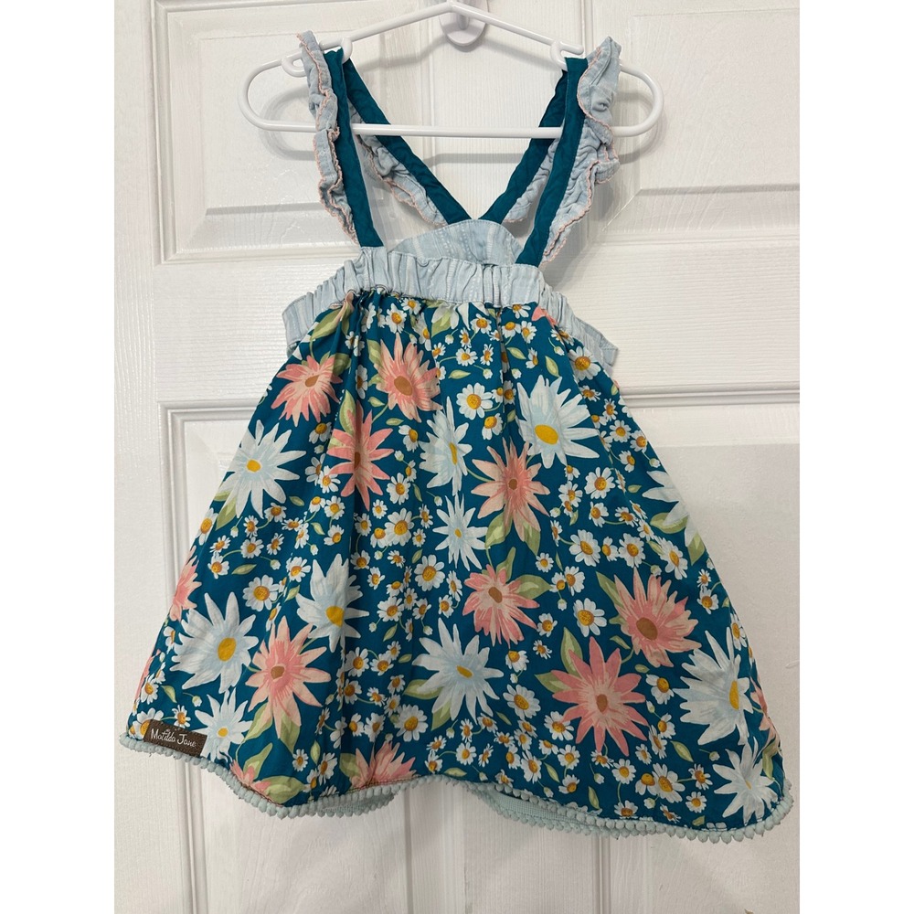 Matilda Jane Girls Teal Floral Daisy Pinafore Dress Pom Pom Trim Size 8